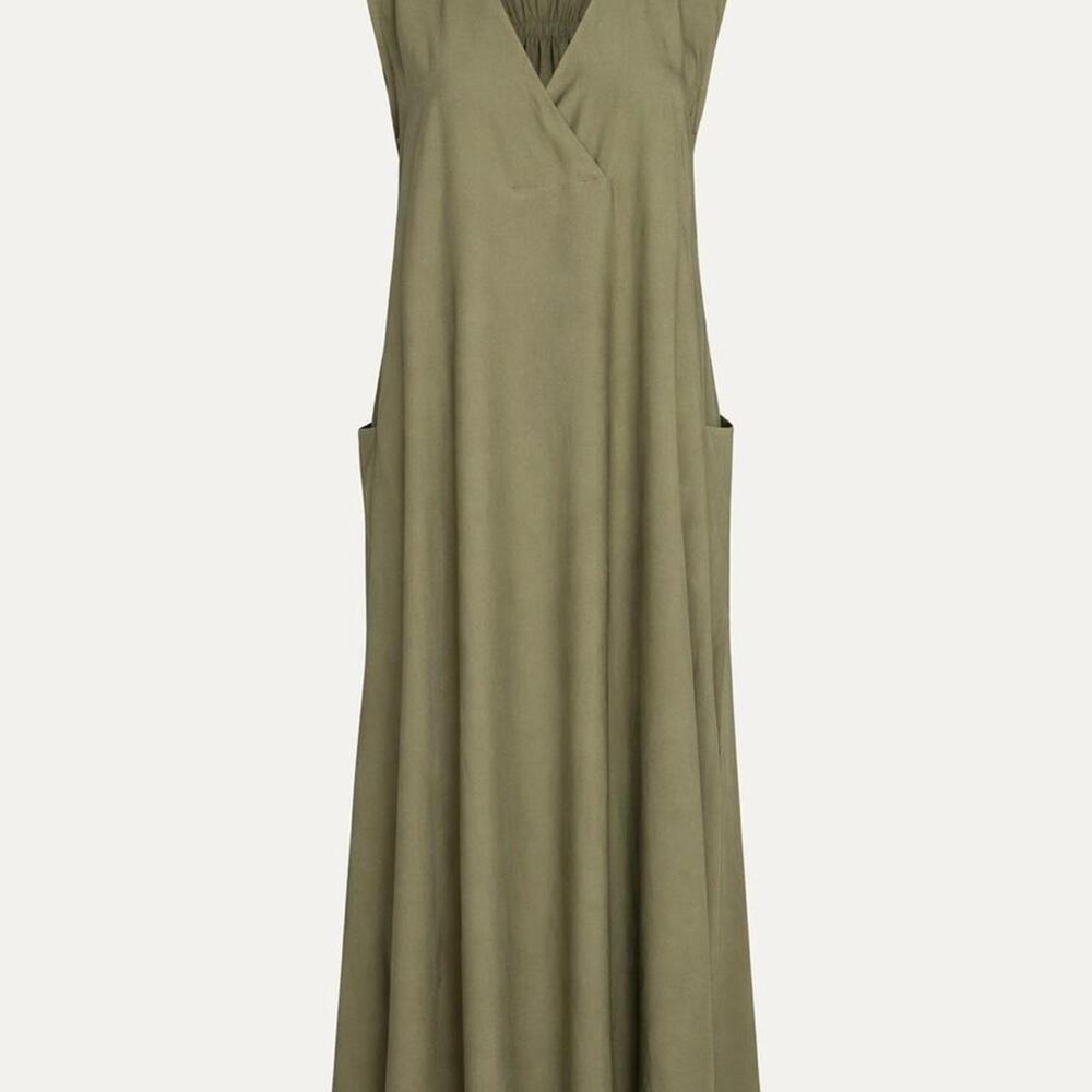 Nine Britton Olive Green Maxi Dress XXL | Langdon Coastal Linen Look V-Neck